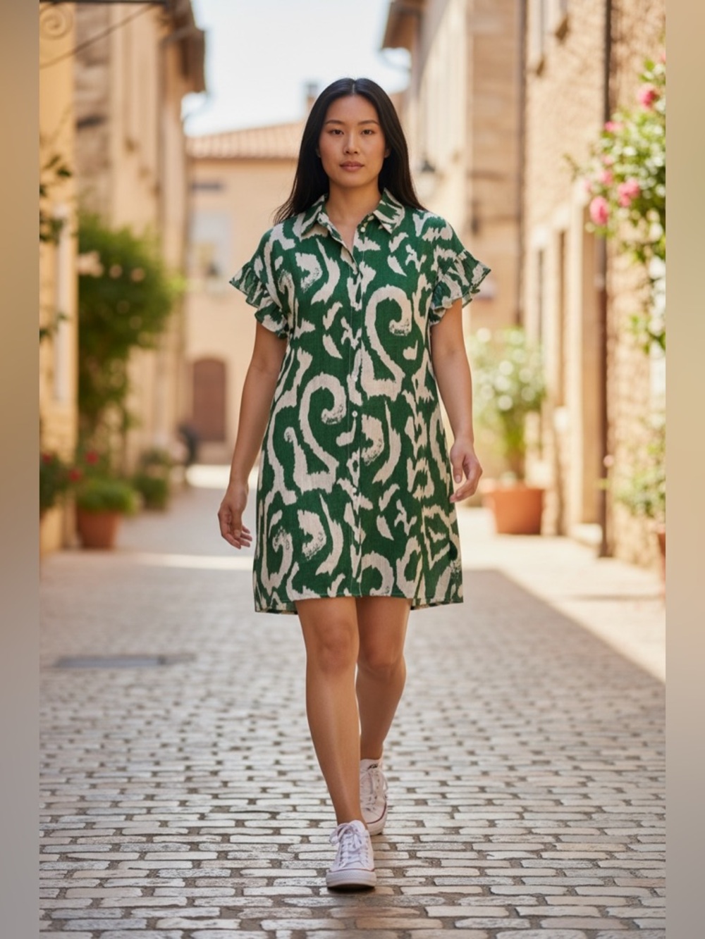 AnnieWear Green White Print Button Front Shirt Dress Size Small